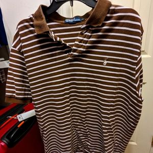 Polo w/brown and white stripes.  GUC.